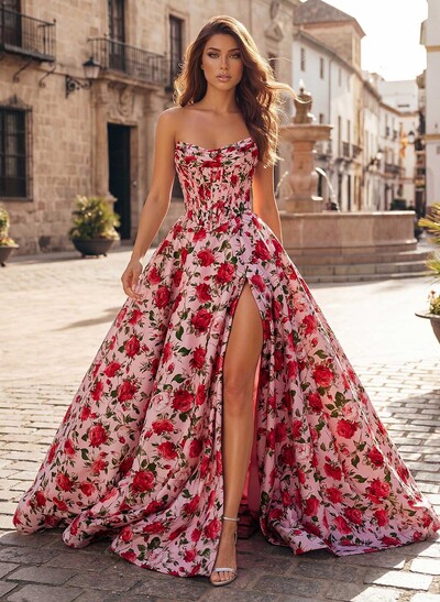 A-Line Strapless Sleeveless Sweep Train Satin Prom Dresses With Flower(s)/High Split