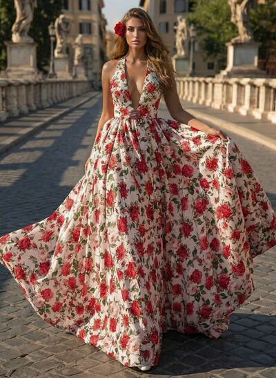 A-Line Halter/Plunge Neck Sleeveless Sweep Train Satin Prom Dresses With Rhinestone/Flower(s)/High Split