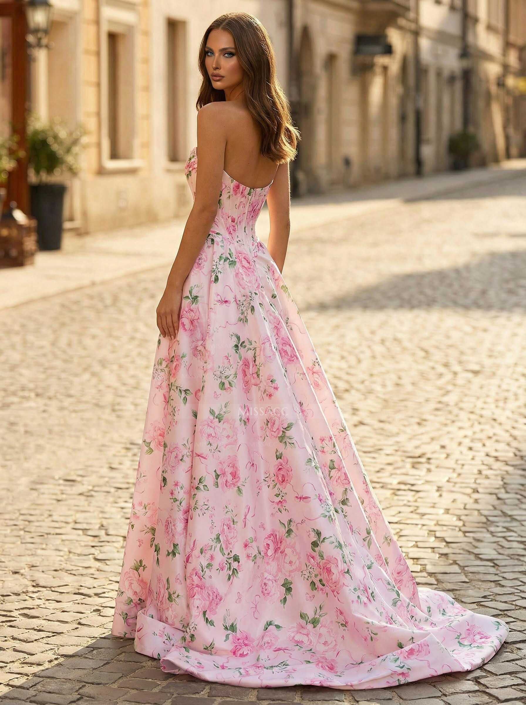 A-Line Strapless Sleeveless Sweep Train Satin Prom Dresses With Flower(s)/High Split