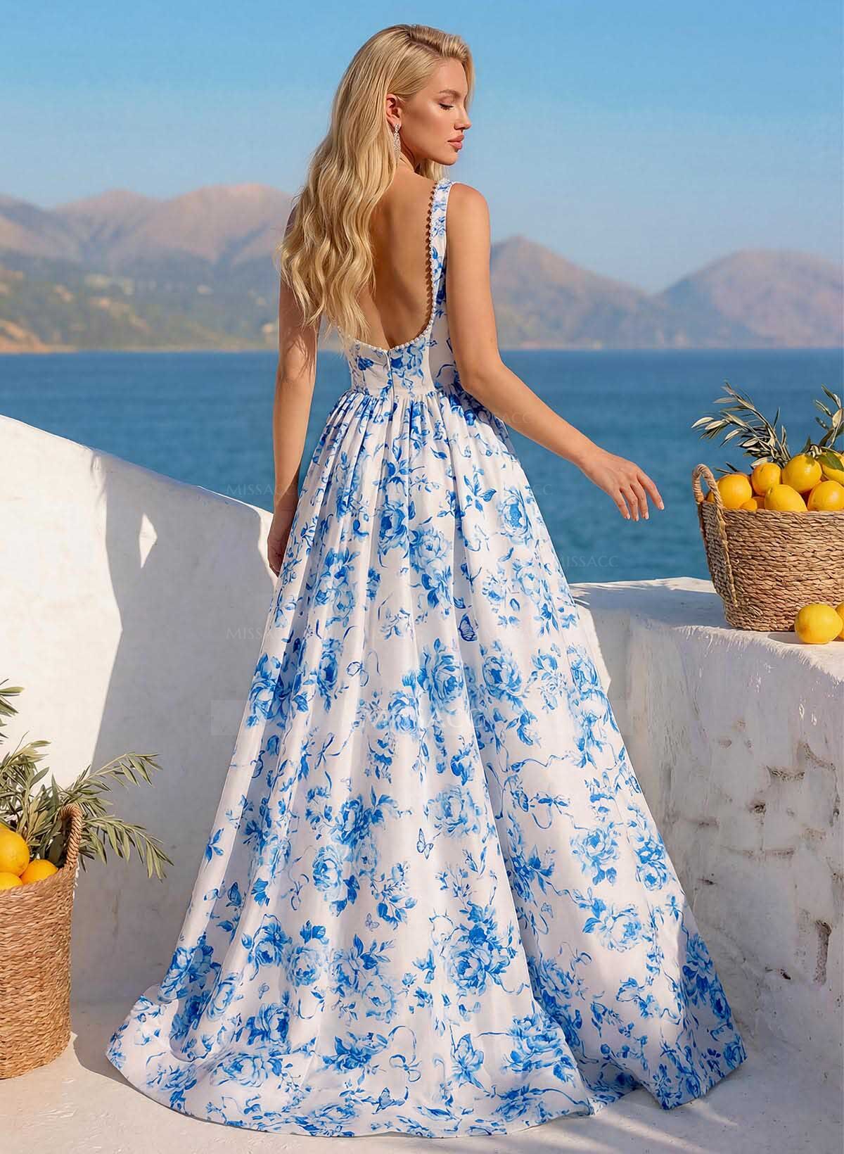 A-Line Square Neckline Sleeveless Sweep Train Satin Prom Dresses With Flower(s)/High Split