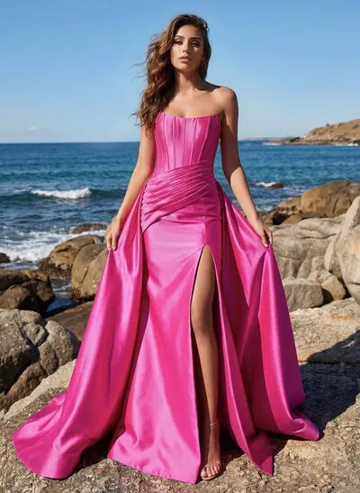 Trumpet/Mermaid Strapless Sweep Train Twill Satin Prom Dresses With High Split/Overskirt Dress