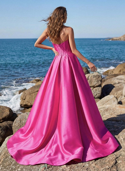 Trumpet/Mermaid Strapless Sweep Train Twill Satin Prom Dresses With High Split/Overskirt Dress