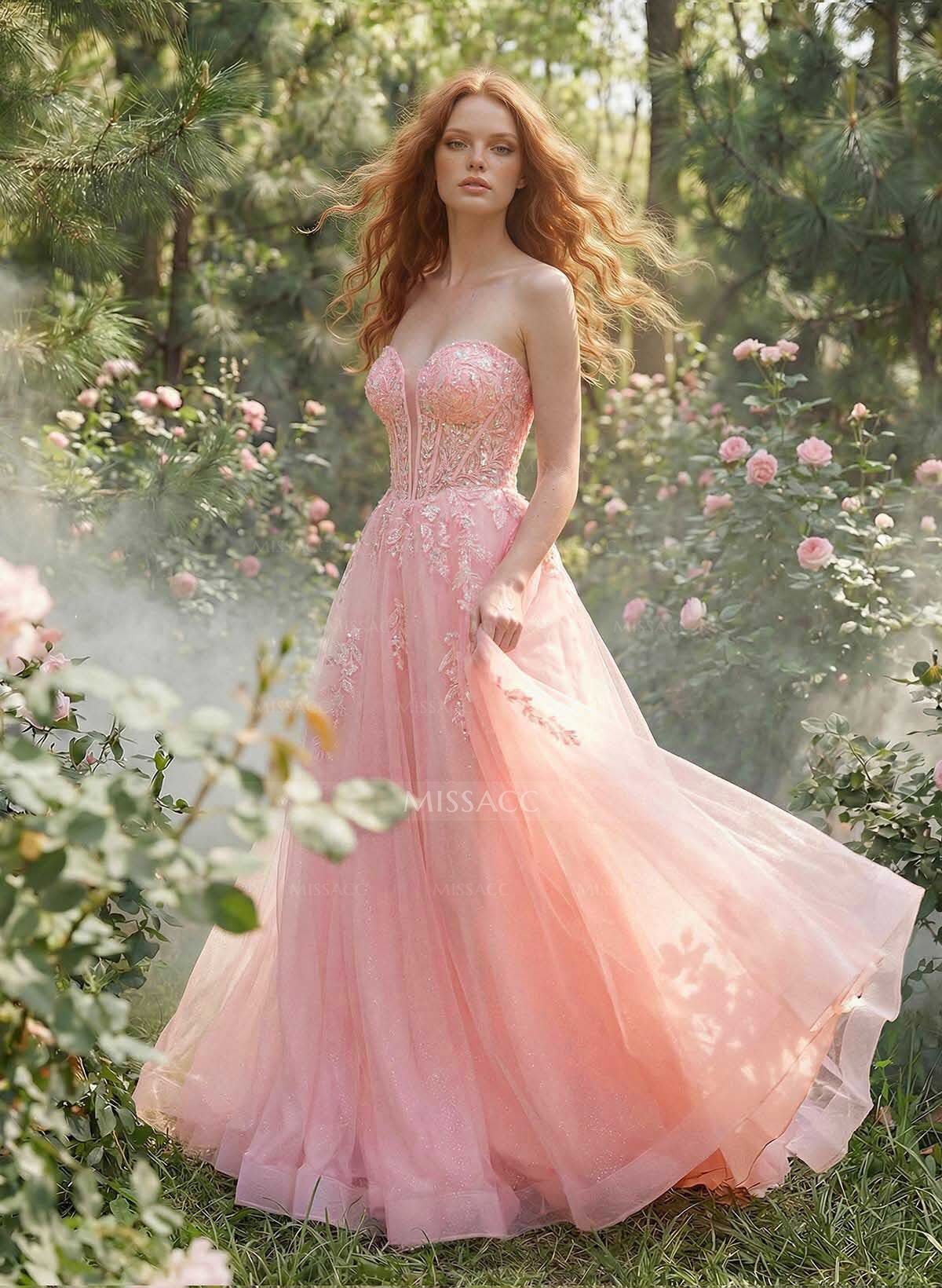 A-Line Sweetheart Sleeveless Floor-Length Satin/Tulle Prom Dresses With Sequins/Lace