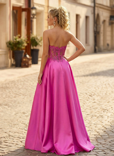 A-Line Sweetheart Sleeveless Sweep Train Tulle/Twill Satin Prom Dresses