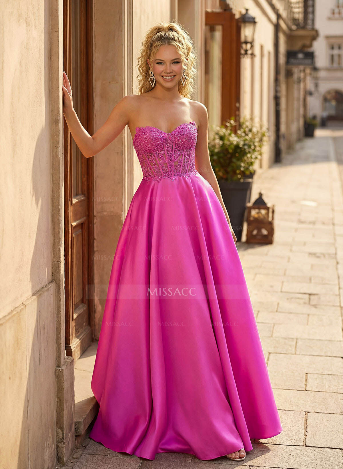 A-Line Sweetheart Sleeveless Sweep Train Tulle/Twill Satin Prom Dresses