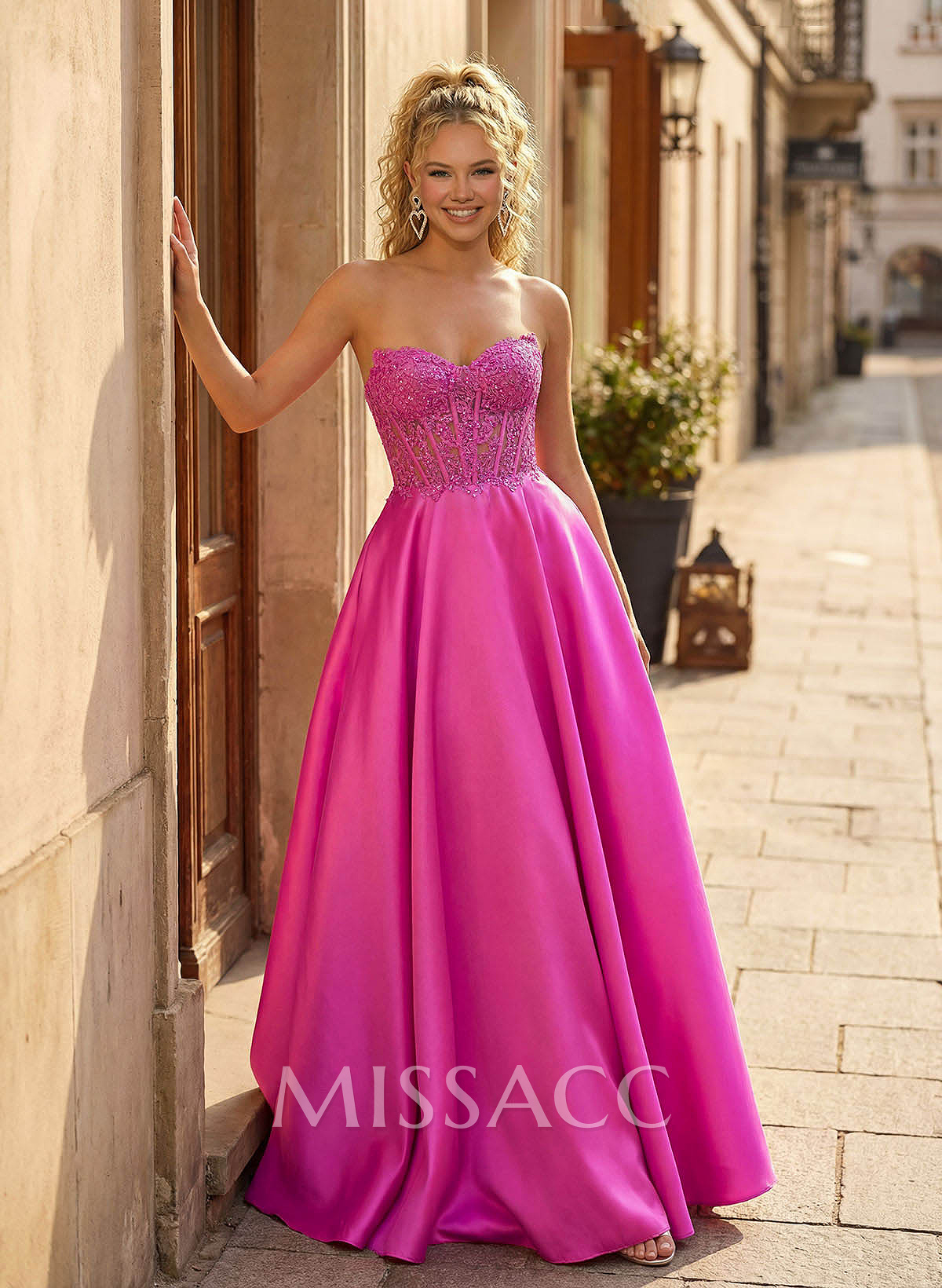 A-Line Sweetheart Sleeveless Sweep Train Tulle/Twill Satin Prom Dresses