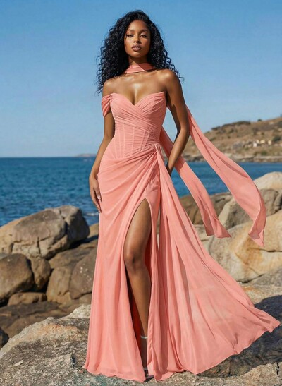 Sheath/Column One-Shoulder/Sweetheart Floor-Length Chiffon Bridesmaid Dresses With High Split