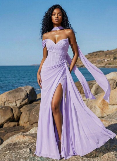 Sheath/Column One-Shoulder/Sweetheart Floor-Length Chiffon Bridesmaid Dresses With High Split