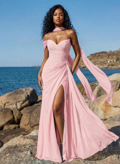 Sheath/Column One-Shoulder/Sweetheart Floor-Length Chiffon Bridesmaid Dresses With High Split