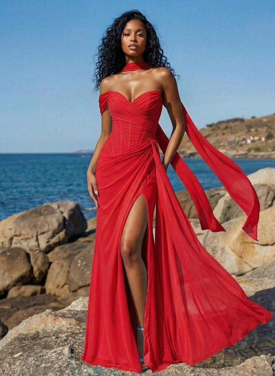 Sheath/Column One-Shoulder/Sweetheart Sleeveless Floor-Length Chiffon Prom Dresses With High Split