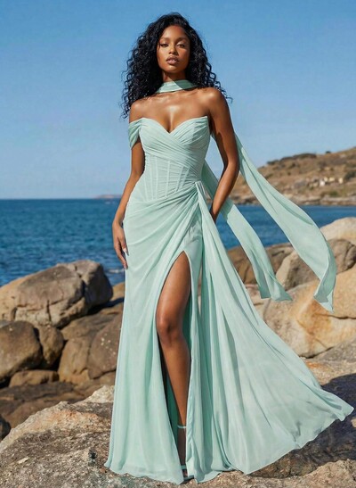 Sheath/Column One-Shoulder/Sweetheart Floor-Length Chiffon Bridesmaid Dresses With High Split