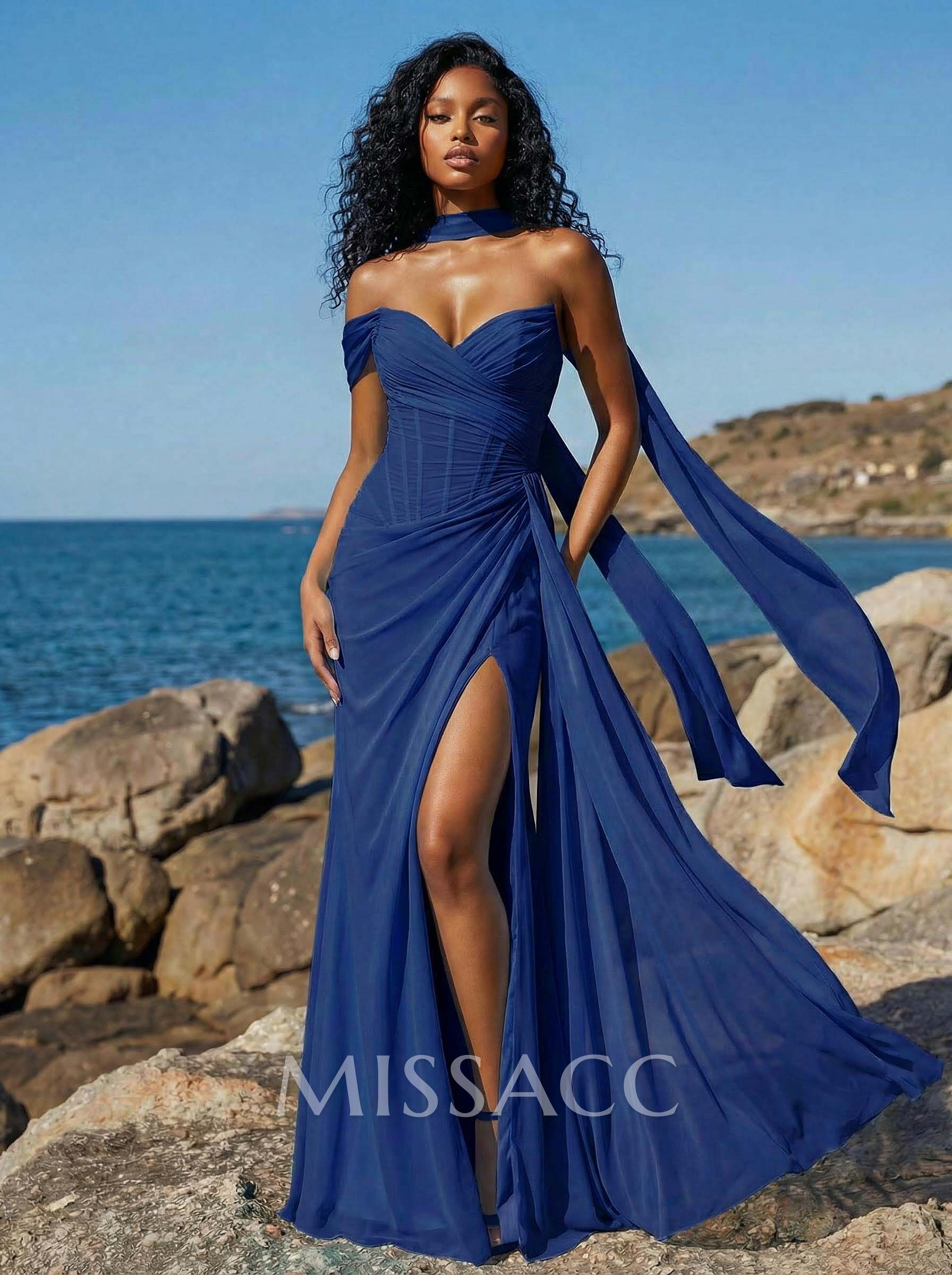 Sheath/Column One-Shoulder/Sweetheart Sleeveless Floor-Length Chiffon Prom Dresses With High Split Sheath/Column One-Shoulder/Sweetheart Sleeveless Floor-Length Chiffon Prom Dresses With High Split