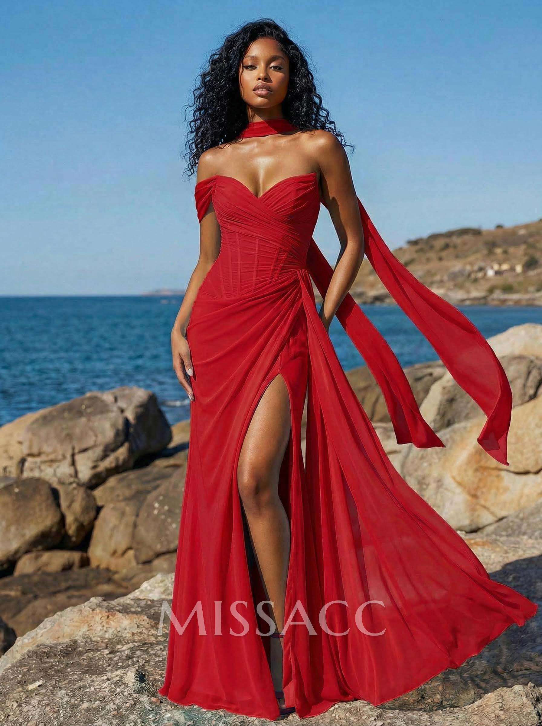 Sheath/Column One-Shoulder/Sweetheart Sleeveless Floor-Length Chiffon Prom Dresses With High Split Sheath/Column One-Shoulder/Sweetheart Sleeveless Floor-Length Chiffon Prom Dresses With High Split