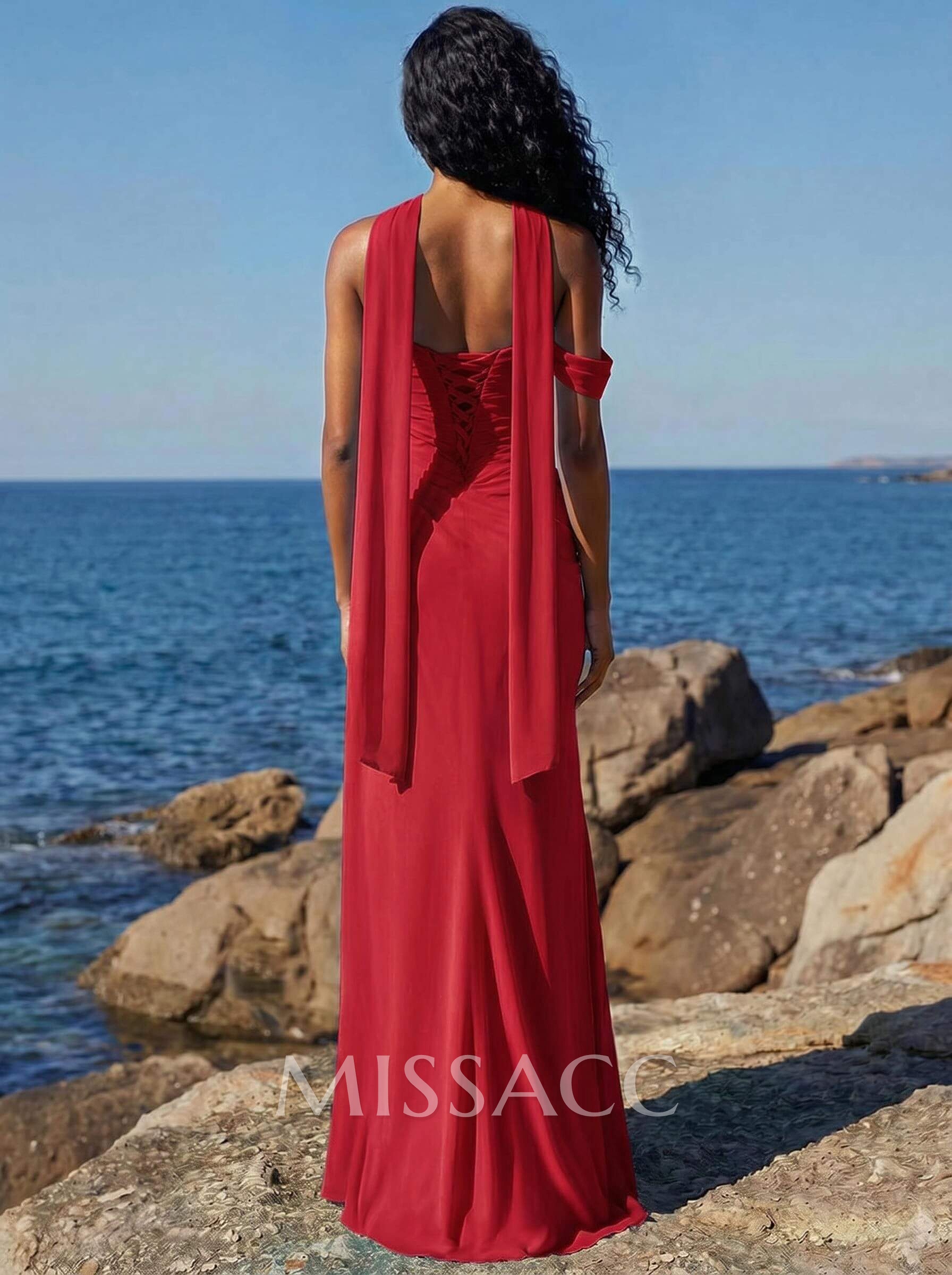 Sheath/Column One-Shoulder/Sweetheart Sleeveless Floor-Length Chiffon Prom Dresses With High Split Sheath/Column One-Shoulder/Sweetheart Sleeveless Floor-Length Chiffon Prom Dresses With High Split