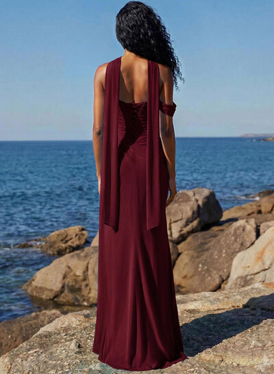 Sheath/Column One-Shoulder/Sweetheart Sleeveless Floor-Length Chiffon Prom Dresses With High Split