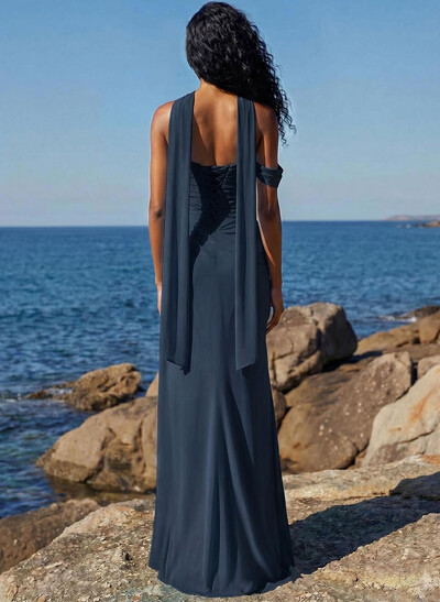 Sheath/Column One-Shoulder/Sweetheart Sleeveless Floor-Length Chiffon Prom Dresses With High Split