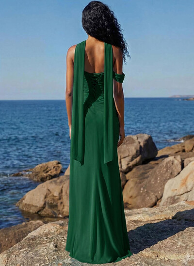 Sheath/Column One-Shoulder/Sweetheart Sleeveless Floor-Length Chiffon Prom Dresses With High Split