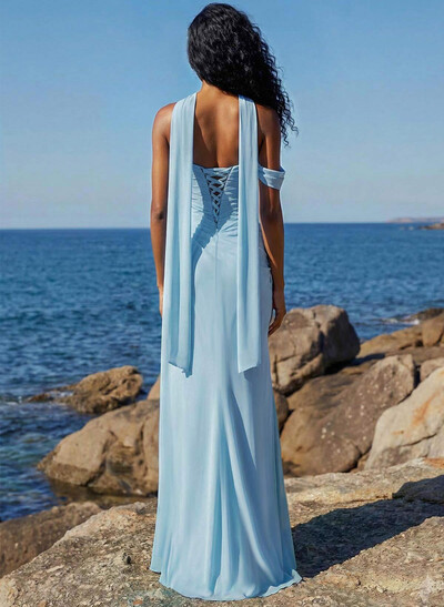 Sheath/Column One-Shoulder/Sweetheart Sleeveless Floor-Length Chiffon Prom Dresses With High Split
