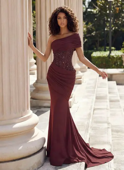 Trumpet/Mermaid One-Shoulder Sleeveless Sweep Train Elastic Satin Prom Dresses With Beading