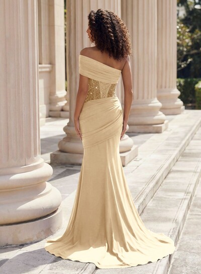 Trumpet/Mermaid One-Shoulder Sleeveless Sweep Train Elastic Satin Prom Dresses With Beading
