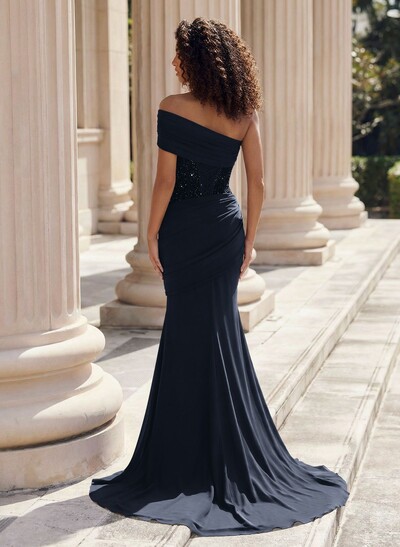Trumpet/Mermaid One-Shoulder Sleeveless Sweep Train Elastic Satin Prom Dresses With Beading