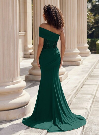 Trumpet/Mermaid One-Shoulder Sleeveless Sweep Train Elastic Satin Prom Dresses With Beading