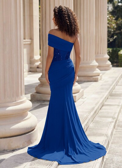 Trumpet/Mermaid One-Shoulder Sleeveless Sweep Train Elastic Satin Prom Dresses With Beading