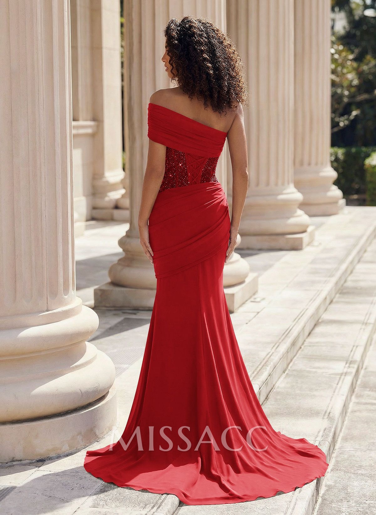Trumpet/Mermaid One-Shoulder Sleeveless Sweep Train Elastic Satin Prom Dresses With Beading