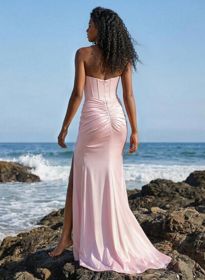 Trumpet/Mermaid Sweetheart Sleeveless Sweep Train Stretch Satin Knit Prom Dresses