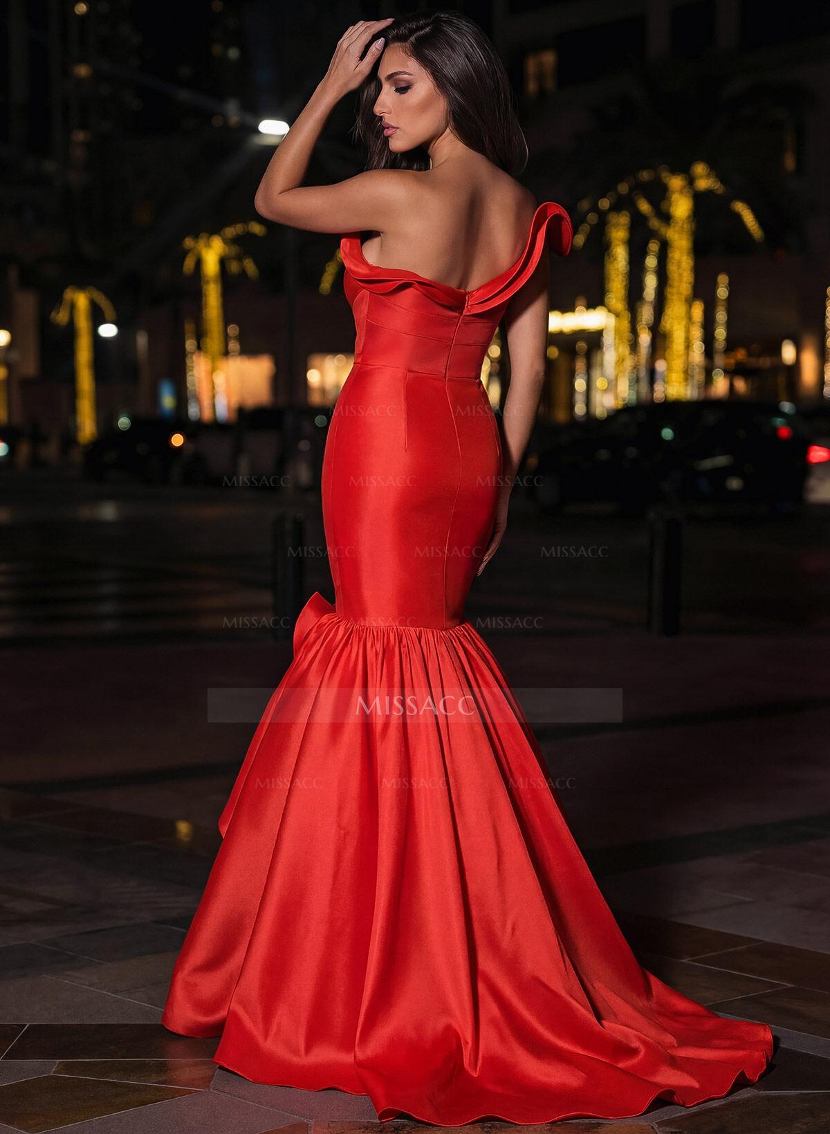 Trumpet/Mermaid One-Shoulder Sweep Train Satin Prom Dresses With Flower(s)/Shoulder Ruffle