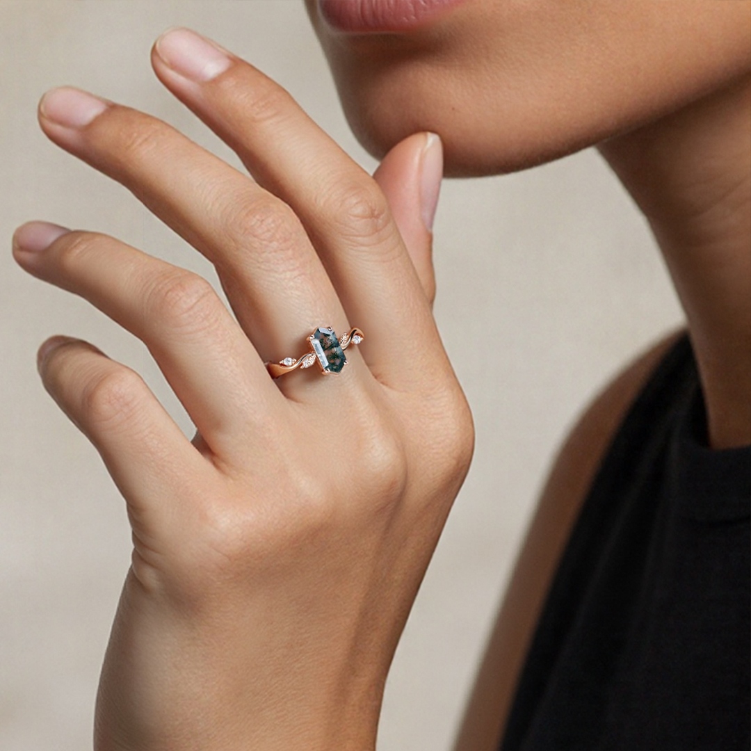 1CT Long Hexagon Moissanite Engagement Rings In Sterling Silver