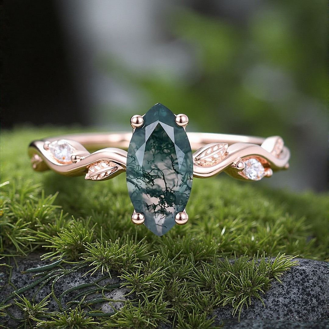1CT Marquise Cut Moss Agate Engagement Rings In Sterling Silver