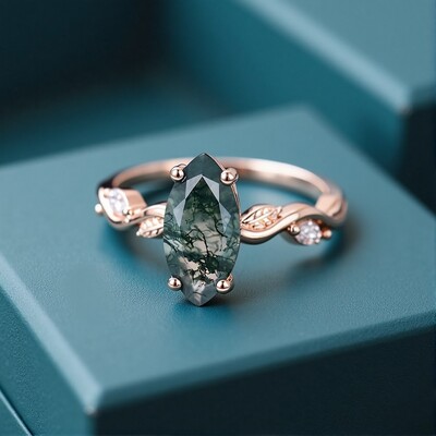 1CT Marquise Cut Moss Agate Engagement Rings In Sterling Silver