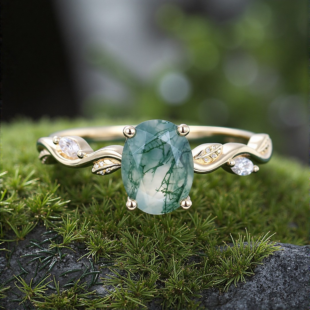 1CT Oval Cut Moss Agate Engagement Rings In Sterling Silver