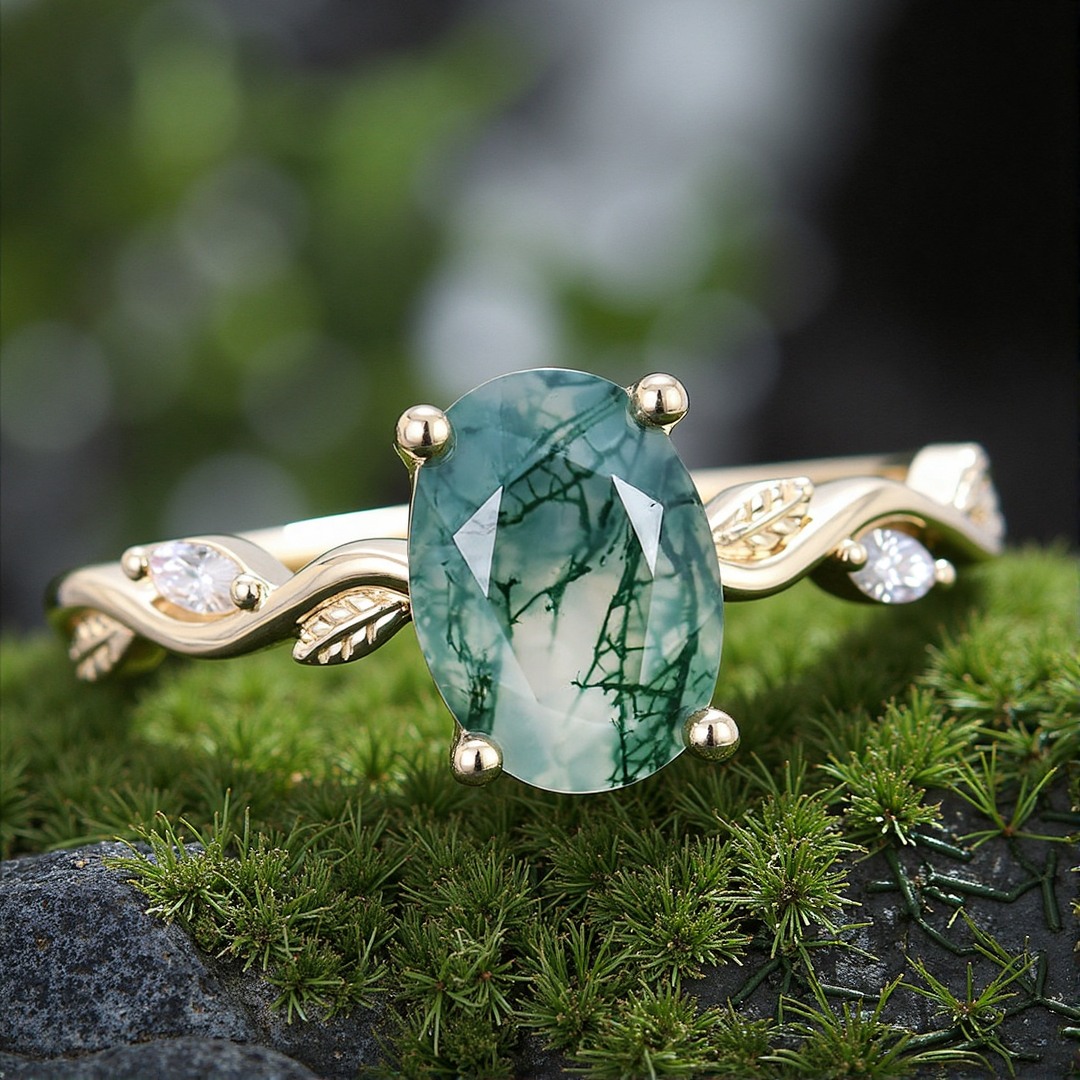 1CT Oval Cut Moss Agate Engagement Rings In Sterling Silver