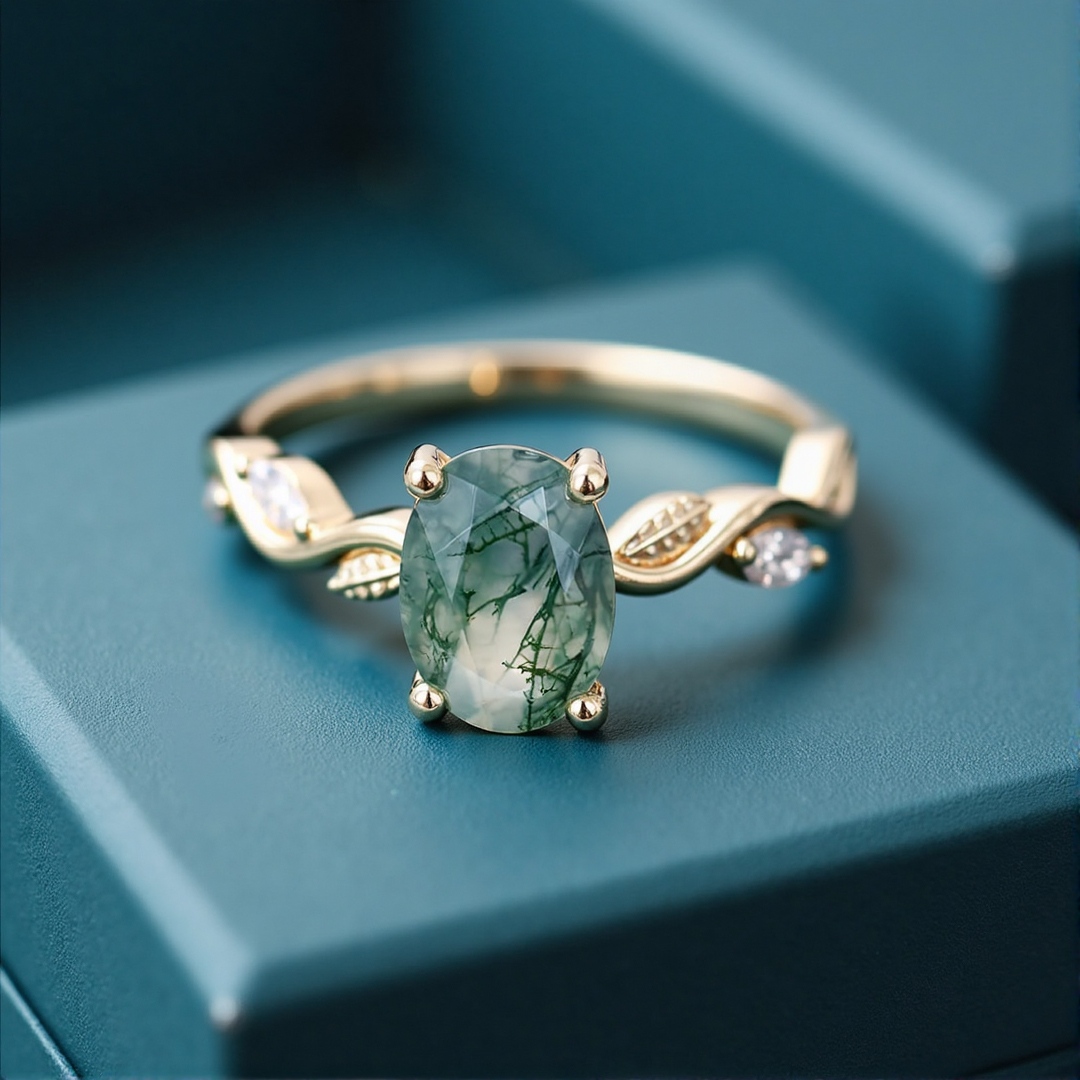 1CT Oval Cut Moss Agate Engagement Rings In Sterling Silver