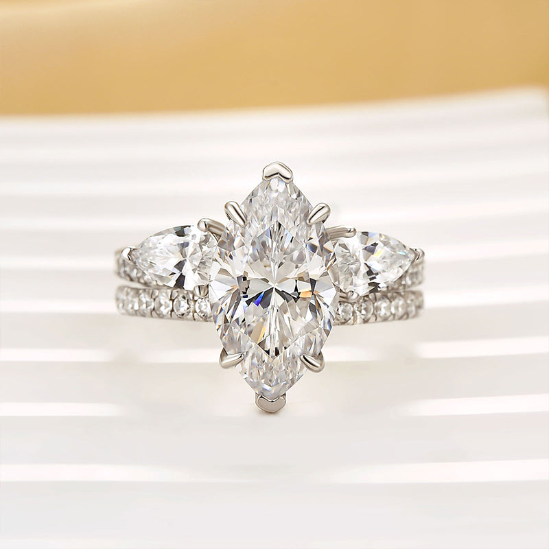 3CT Marquise Cut Moissanite Engagement Rings Sets In Sterling Silver