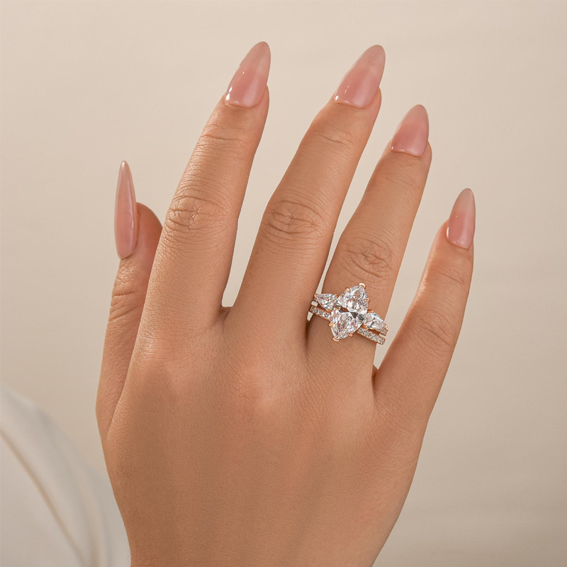 3CT Marquise Cut Moissanite Engagement Rings Sets In Sterling Silver