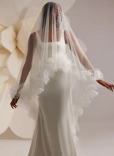 Floral Single-Tier Chiffon Fingertip Wedding Veils