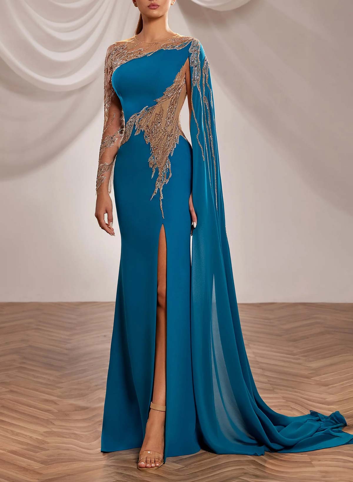 Trumpet/Mermaid Illusion Neck Long Sleeves Floor-Length Chiffon Evening Dresses With Appliques Lace/Sweeping Side Drape