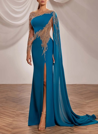 Trumpet/Mermaid Illusion Neck Long Sleeves Floor-Length Chiffon Evening Dresses With Appliques Lace/Sweeping Side Drape