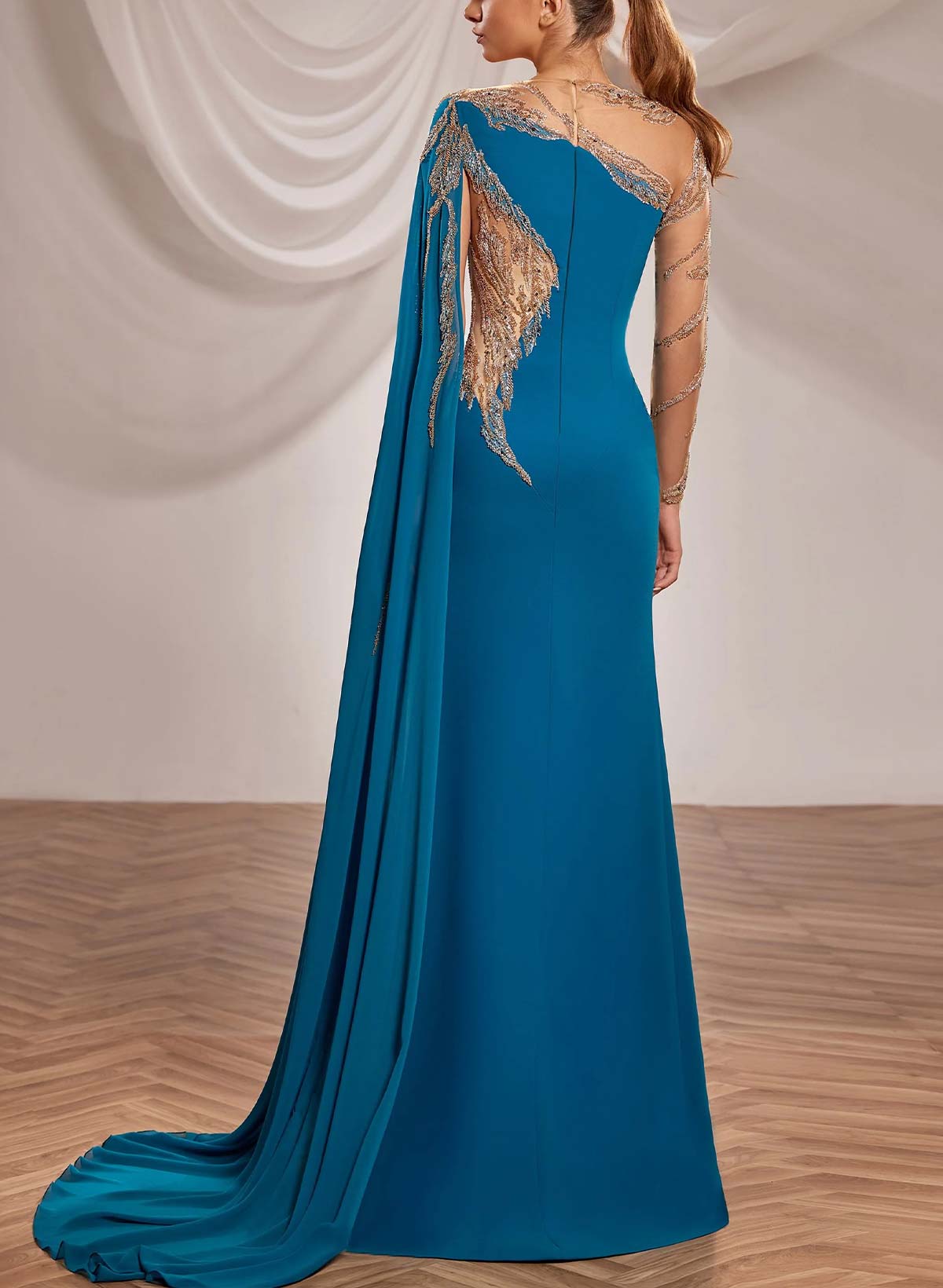 Trumpet/Mermaid Illusion Neck Long Sleeves Floor-Length Chiffon Evening Dresses With Appliques Lace/Sweeping Side Drape