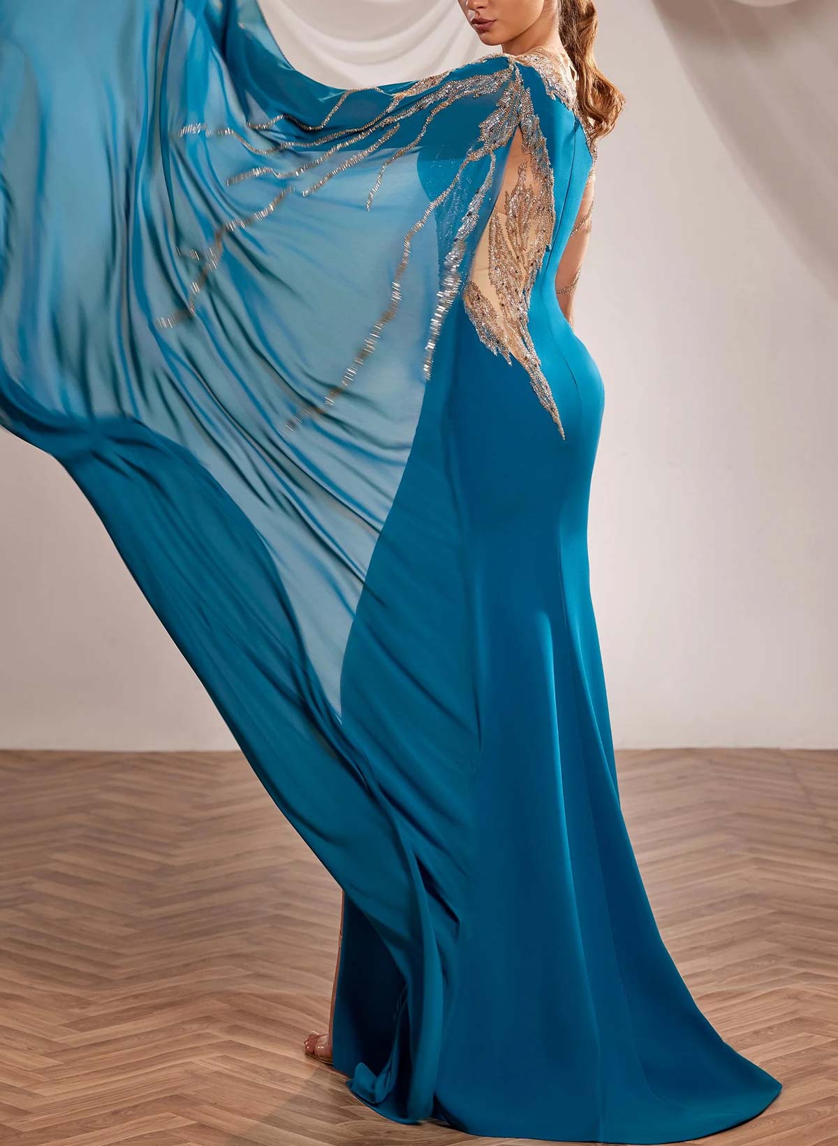 Trumpet/Mermaid Illusion Neck Long Sleeves Floor-Length Chiffon Evening Dresses With Appliques Lace/Sweeping Side Drape