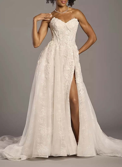 A-Line Sweetheart Sleeveless Court Train Lace/Satin Wedding Dresses With Appliques Lace/High Split