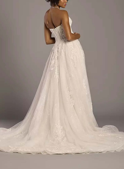 A-Line Sweetheart Sleeveless Court Train Lace/Satin Wedding Dresses With Appliques Lace/High Split