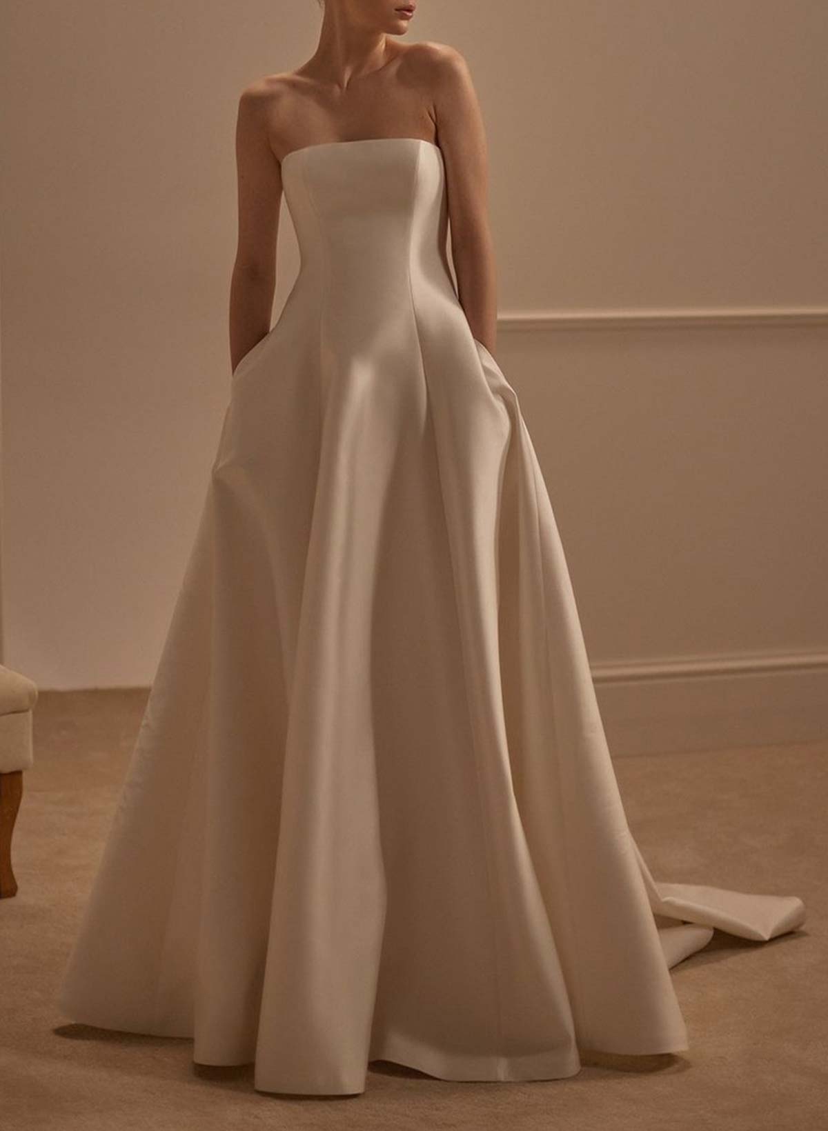 A-Line Strapless Sleeveless Court Train Twill Satin Wedding Dresses With Pockets