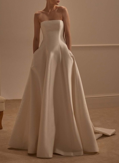 A-Line Strapless Sleeveless Court Train Twill Satin Wedding Dresses With Pockets