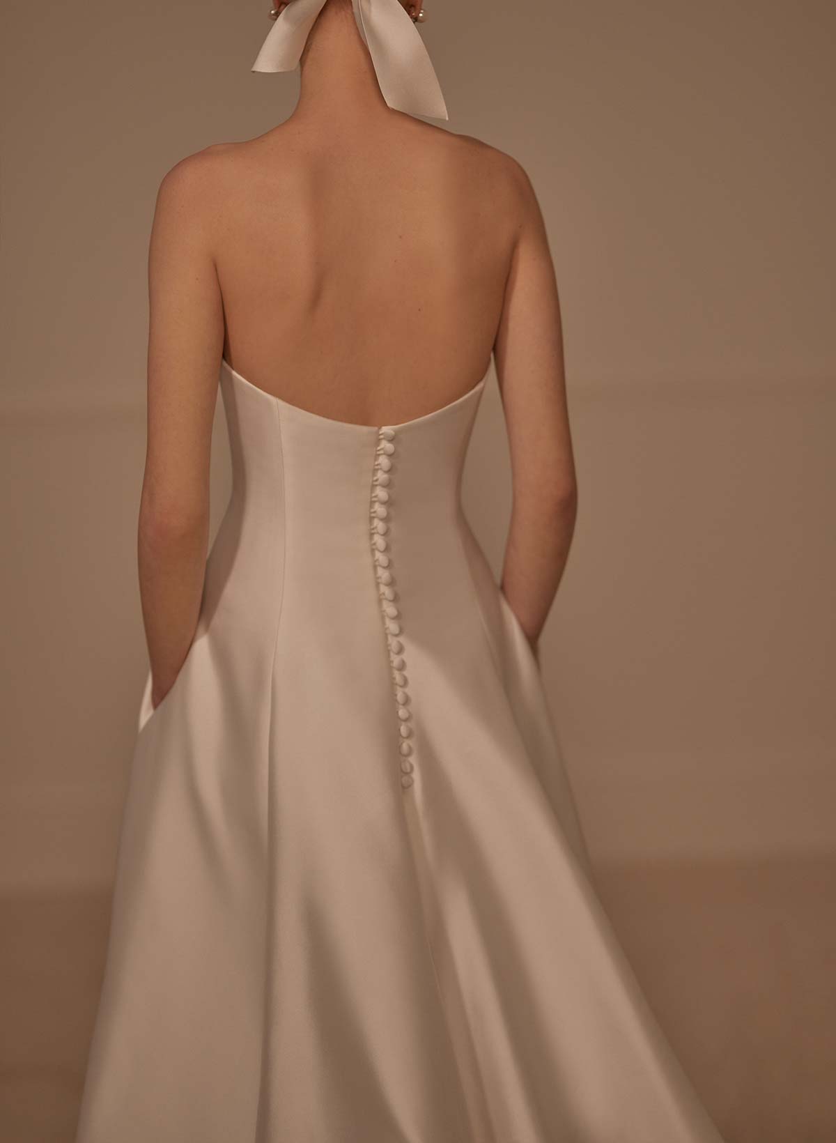 A-Line Strapless Sleeveless Court Train Twill Satin Wedding Dresses With Pockets