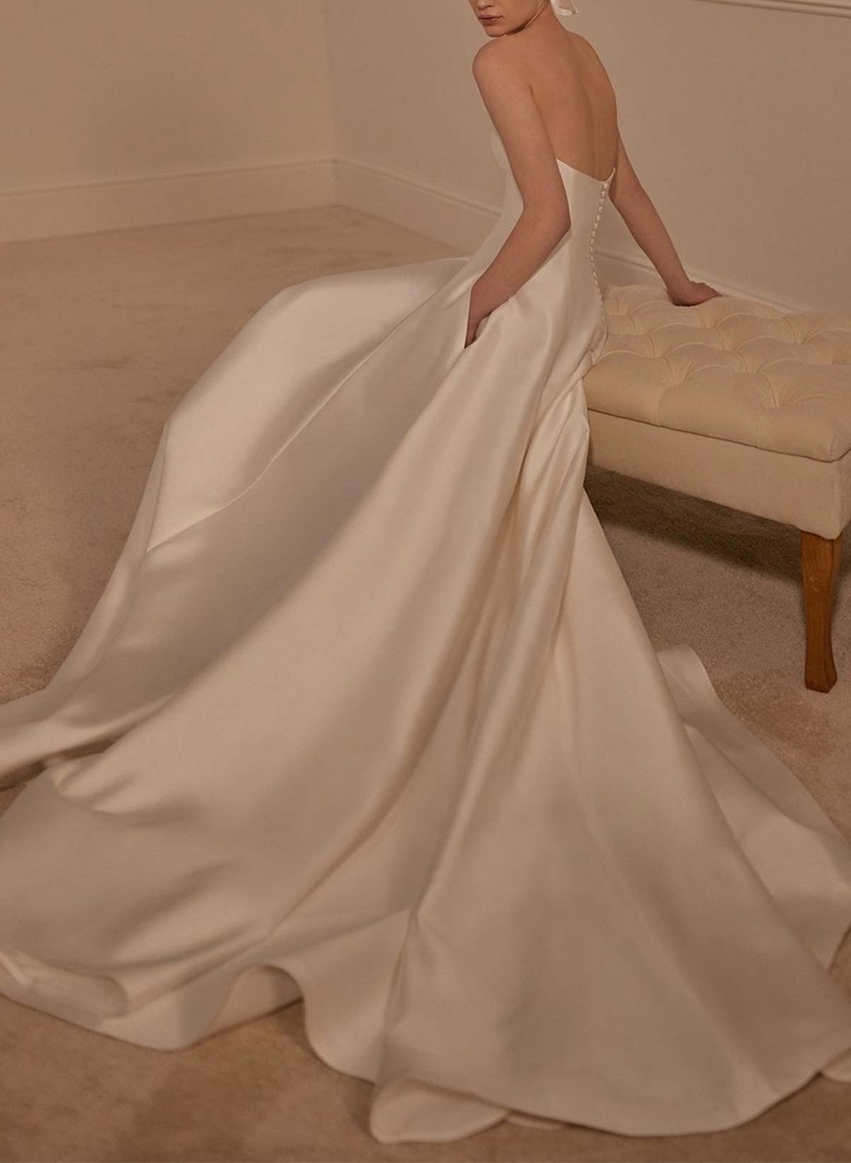 A-Line Strapless Sleeveless Court Train Twill Satin Wedding Dresses With Pockets
