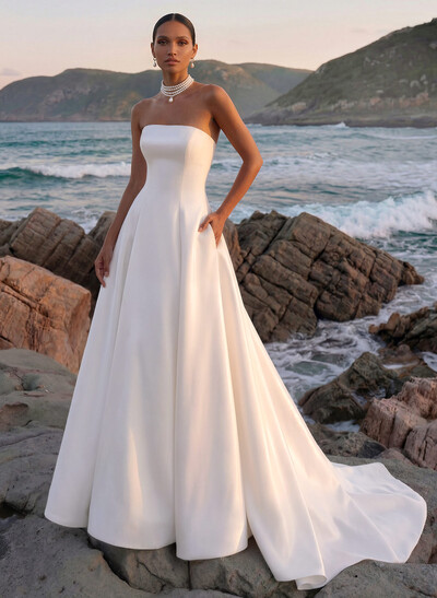 A-Line Strapless Sleeveless Court Train Twill Satin Wedding Dresses With Pockets